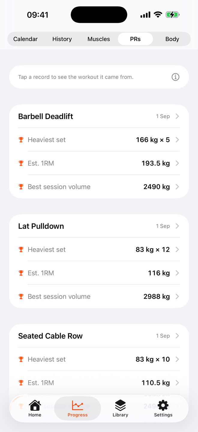 Personal records list with heaviest set, e1RM and best volume