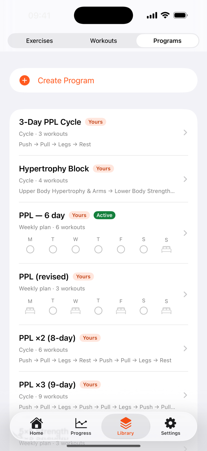 Program library with weekly plans and cycles