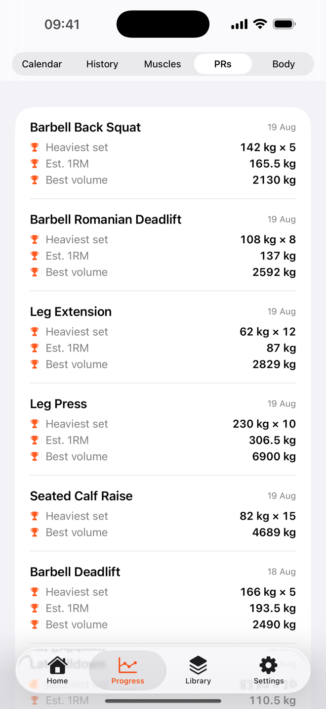 Personal records list with heaviest set, e1RM and best volume